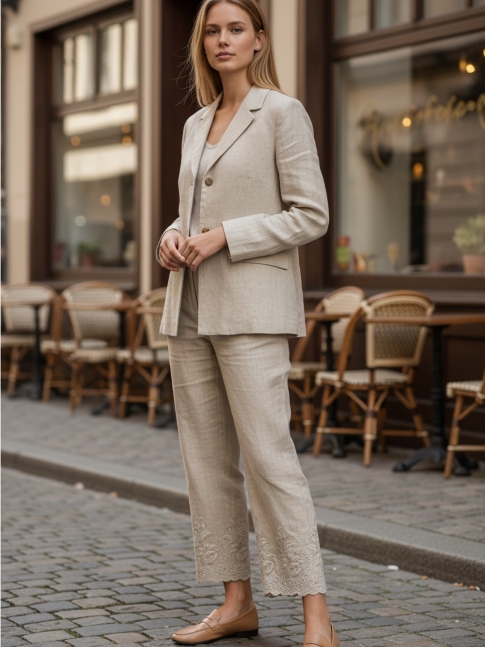 Casual Corner Beige Cropped Wide-Leg linen Pants with Embroidered Hem